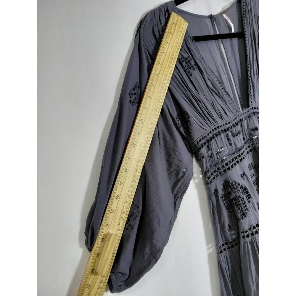 Free People Grey A-Line Short Embroidered Dress Women Size S